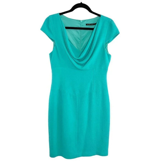 Black Halo Aqua Gretchen Pebble Crepe Cap Sleeve Drape Neck Sheath Dress Size 10 - Picture 1 of 9